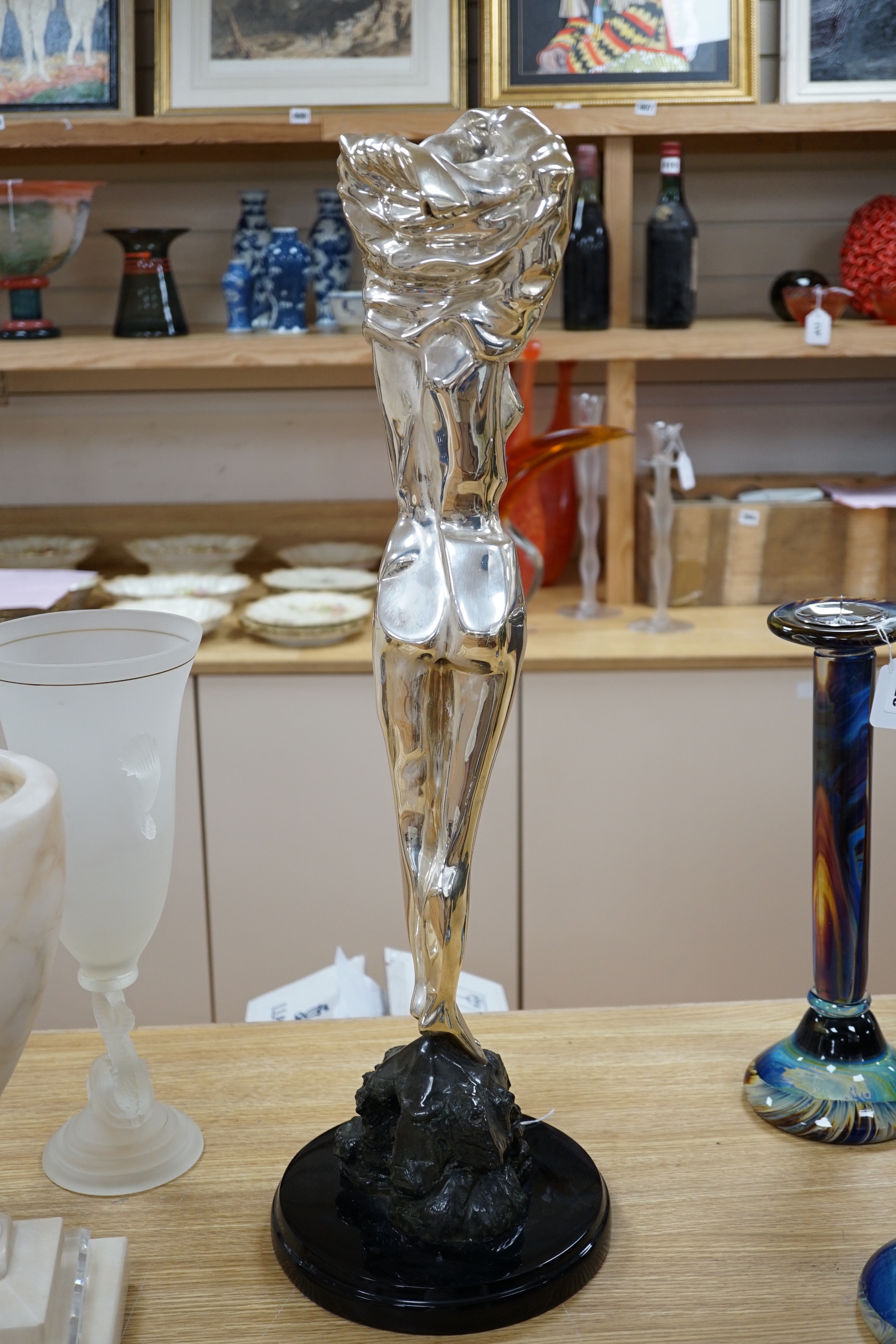 A plated sculptural dancer by Oshra Mishan, signed, limited edition of 600, 76cm high